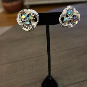 Elegant Vintage Silver and Iridescent Crystal Clip On Earrings